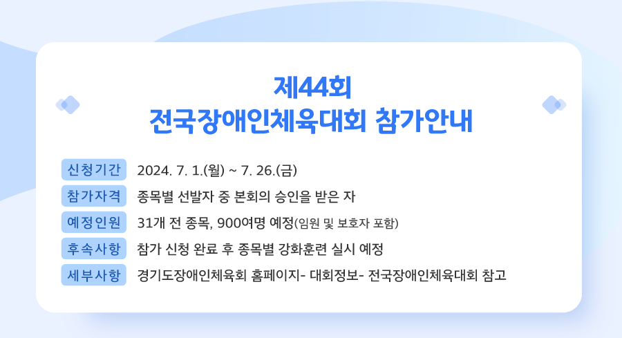 2024년 7월호 뉴스레터 첫 번째 소식입니다.
            2024년 7월 1일 월요일부터 7월 26일 금요일까지 제44회 전국장애인체육대회 참가신청을 받고 있습니다. 참가자격은 종목별 선발자 중 본회의 승인을 받은 자이며 예정인원은 31개 전 종목, 임원 및 보호자 포함 900여명입니다.
            후속사항으로는 참가 신청 완료 후 종목별 강화훈련 실시 예정이니 참고 바랍니다.
            이외 세부사항은 경기도장애인체육회 홈페이지 전국장애인체육대회 카테고리 참고바랍니다.
            