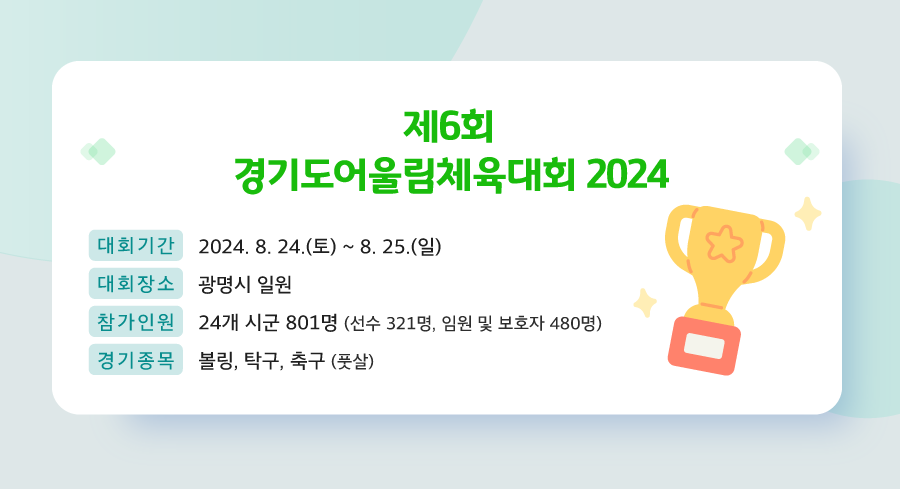 2024년 8월호 뉴스레터 첫 번째 소식입니다.
            2024년 8월 24일 토요일부터 8월 25일 일요일까지 제6회 경기도어울림체육대회 이공이사 대회가 개최됩니다. 
            대회장소는 광명시 일원이며 이십사개 시군에서 선수 삼백이십일명, 임원 및 보호자 사백팔십명 총 팔백일명이 참가할 예정입니다. 
            경기종목은 볼링, 탁구, 축구 세종목으로 진행됩니다. 많은 관심과 응원 부탁드립니다.
            